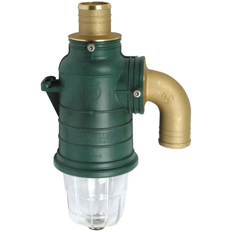 A Sparex Syphon valve Ø60mm (Sparex Part No. S.59490) featuring a green and brass design, with a transparent base for viewing debris accumulation, standing at a height of 442mm.