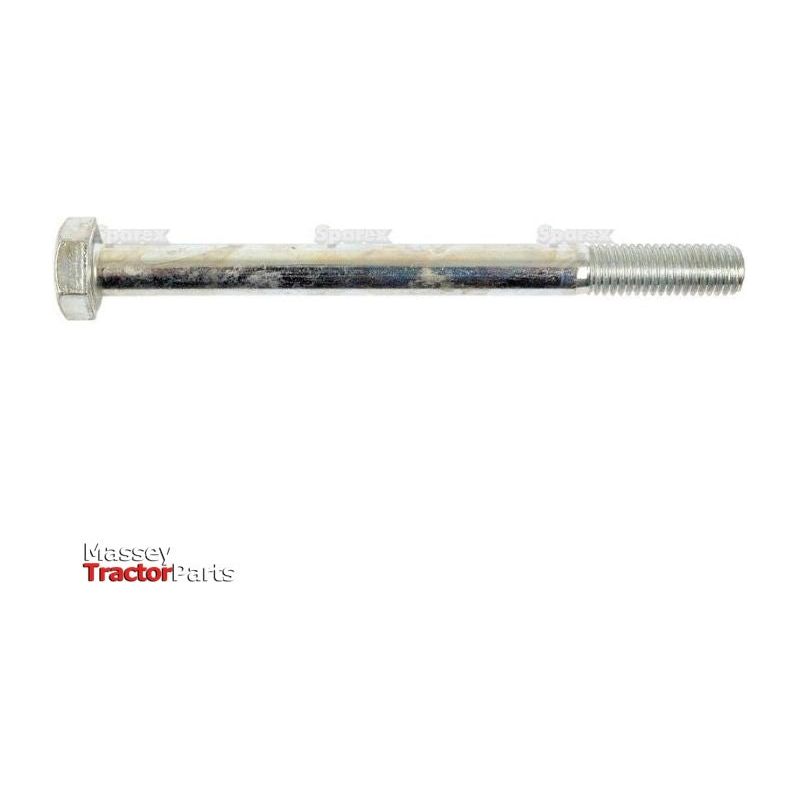 A long Metric Bolt M10x120mm (DIN 931) from Sparex with a zinc-plated metal finish, featuring a hexagonal head on one end and threading on the other, is displayed against a white background. The bolt is centrally positioned, with the "Massey Tractor Parts" logo in the bottom left corner emphasizing its tensile strength 8.8 quality. The product is identified by Sparex Part No.S.6944.