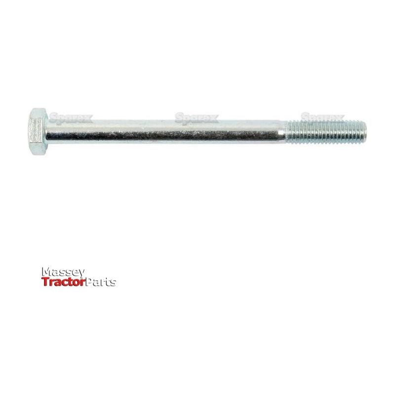 A long, zinc-plated hex bolt with a threaded end displayed against a white background, labeled "Sparex Metric Bolt M10x130mm (DIN 931) | Sparex Part No.S.6945.