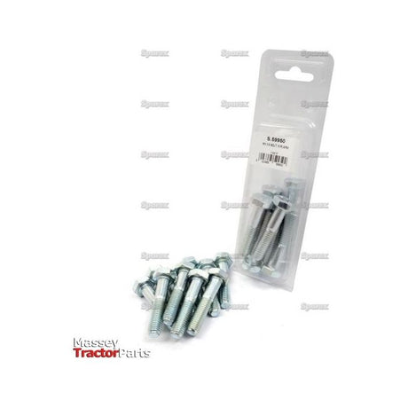 A pack of ten Metric Bolt, M10x50mm (DIN 931) bolts from Sparex is displayed. Six bolts are spread out below the pack, while four remain inside clear plastic packaging labeled "S.59950" with a product code and barcode.