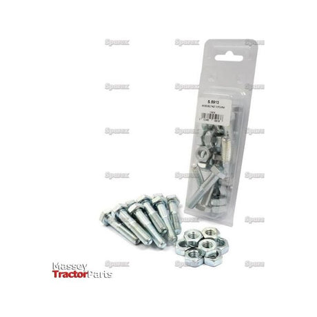 A package labeled "S.5913" contains several zinc-plated bolts and nuts, with additional Metric Bolt, M10x50mm (DIN 931, DIN 934) displayed outside the package. The label indicates it is a Sparex Agripak containing 10 pieces.