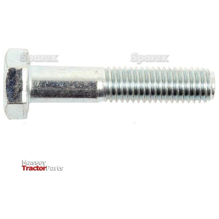 An image of a metal hex bolt with threads on one end, branded Sparex, featuring a zinc-plated finish. The product is the Metric Bolt M10x50mm (DIN 931) | Sparex Part No.S.5768.