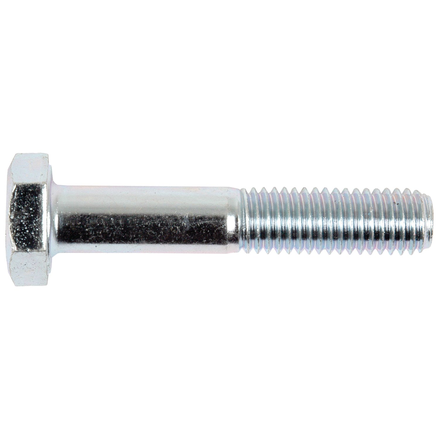 Close-up of the Sparex Metric Bolt M10x55mm (DIN 931) | Sparex Part No.S.6938, made from zinc-plated metal and silver in color, featuring a hexagonal head at one end and partially threaded shaft. This bolt has a Tensile Strength of 8.8 with threads occupying approximately half its length.