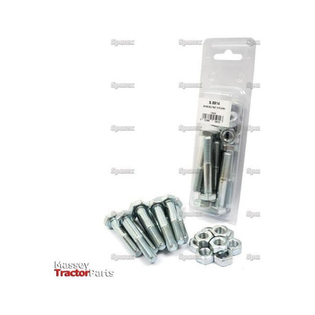 A package of Sparex Metric Bolt, M10x60mm (DIN 931, DIN 934) 10 pcs. Agripak (Sparex Part No. S.5914) is displayed, with some metric coarse pieces placed outside the package, showcasing their tensile strength 8.8 reliability.