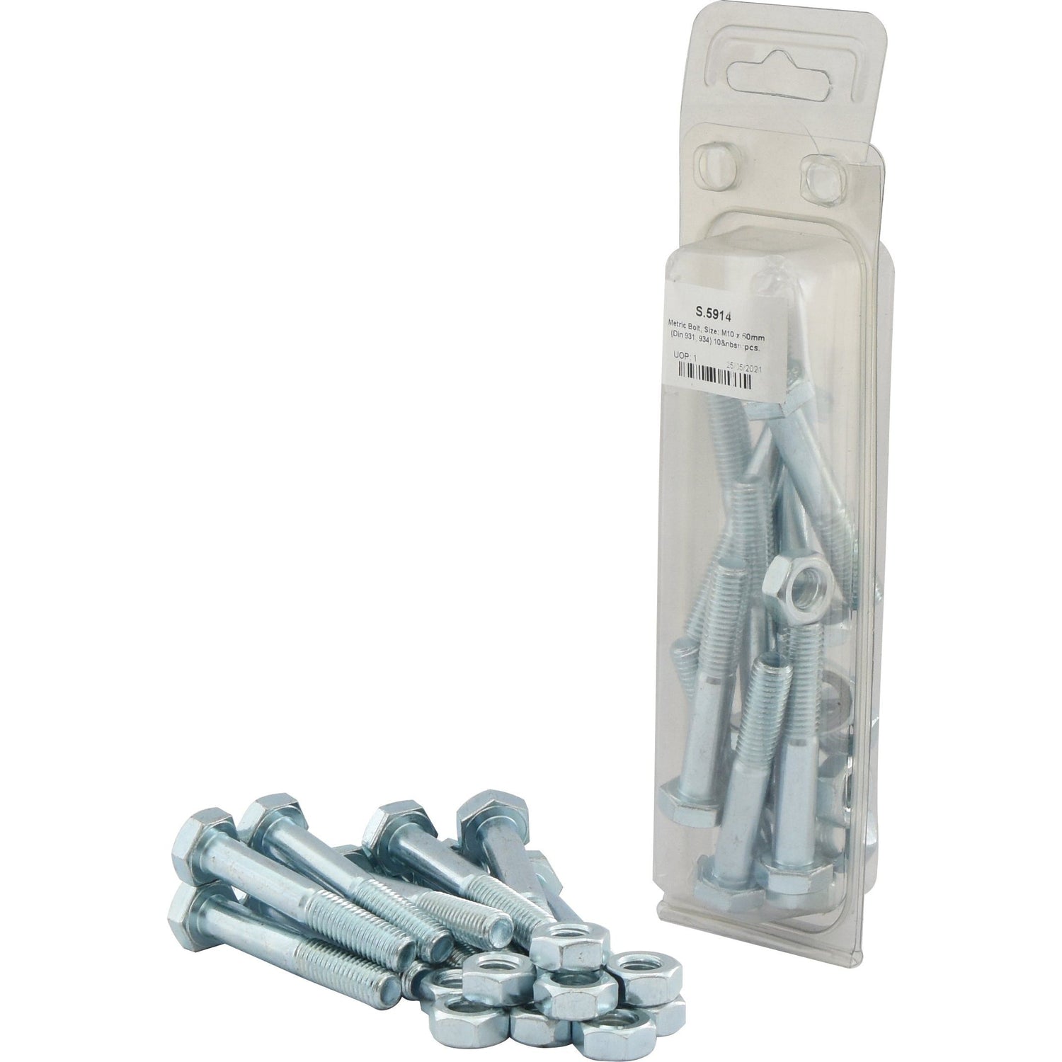 A plastic packaging containing a set of metric coarse hex bolts, each M10x60mm (DIN 931, DIN 934), along with their corresponding nuts, all zinc-plated and featuring tensile strength 8.8; this package includes 10 pieces and is branded under Sparex with the part number S.5914, Agripak.