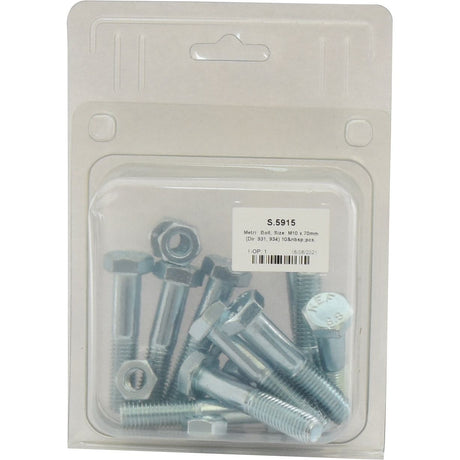 A package containing ten zinc-plated hex bolts and nuts is labeled "Metric Bolt, M10x70mm (DIN 931, DIN 934) 10 pcs. Agripak." The label also reads "Sparex Part No.S.5915," specifying the size as M10 x 70mm with a tensile strength of 8.8.