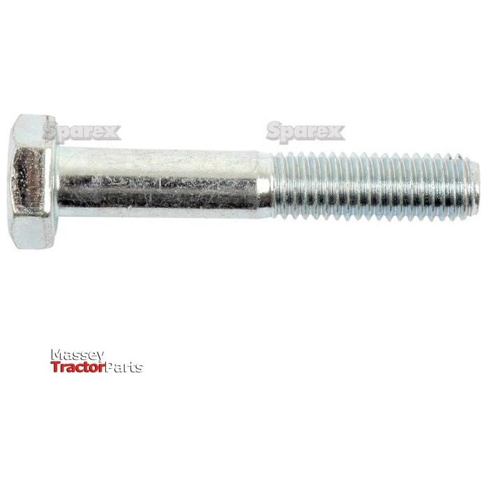 A close-up of a zinc-plated silver Metric Bolt M10x70mm (DIN 931) with threads on one end. The image includes branding text "Sparex" and "Massey Tractor Parts.