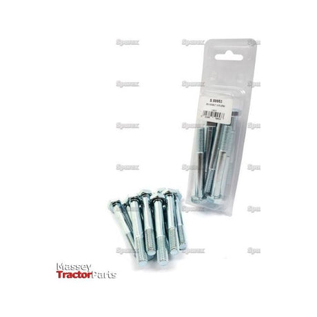 Image of a package containing Sparex Metric Bolts, M10x80mm (DIN 931), 10 pieces, with a few loose bolts placed next to it. The package is labeled, and the "Massey Tractor Parts" logo is visible in the bottom left corner.