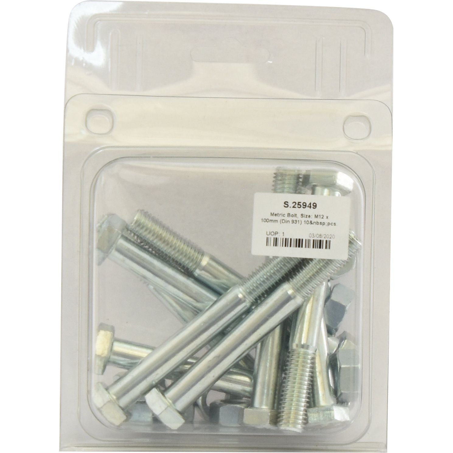 A sealed package containing six silver metallic M12x100mm bolts with hexagonal heads under the Sparex brand. The label on the package includes product details, a barcode, and references DIN 931 standards. The product is identified as Metric Bolt M12x100mm (DIN 931) (Agripak 6 pcs.) | Sparex Part No.S.25949.