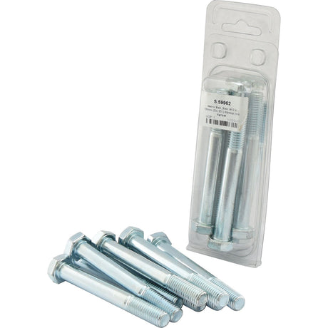 A package of Sparex metal bolts (Metric Bolt, M12x100mm, DIN 931) with five additional bolts laid out in front. The zinc-plated bolts have hexagonal heads and threaded ends, ensuring durability and reliability. Sparex Part No. S.59962 contains 8 pieces in an Agripak.
