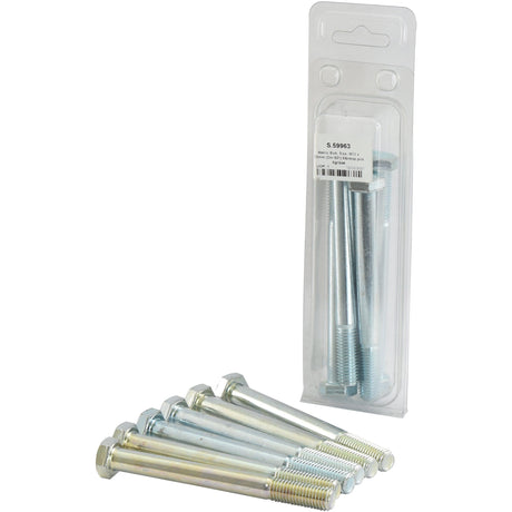 A set of six Sparex Metric Bolts, M12x120mm (DIN 931), featuring four bolts displayed in front and two inside clear plastic packaging. The package has a label with product details, including bolt type and metric coarse measurements, identified as Sparex Part No. S.59963 Agripak.