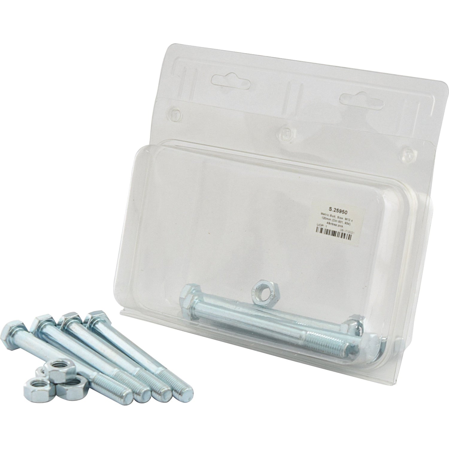 A clear plastic packaging contains five Sparex Metric Bolts, M12x120mm (DIN 931, DIN 934), with additional bolts and nuts laying beside the package.