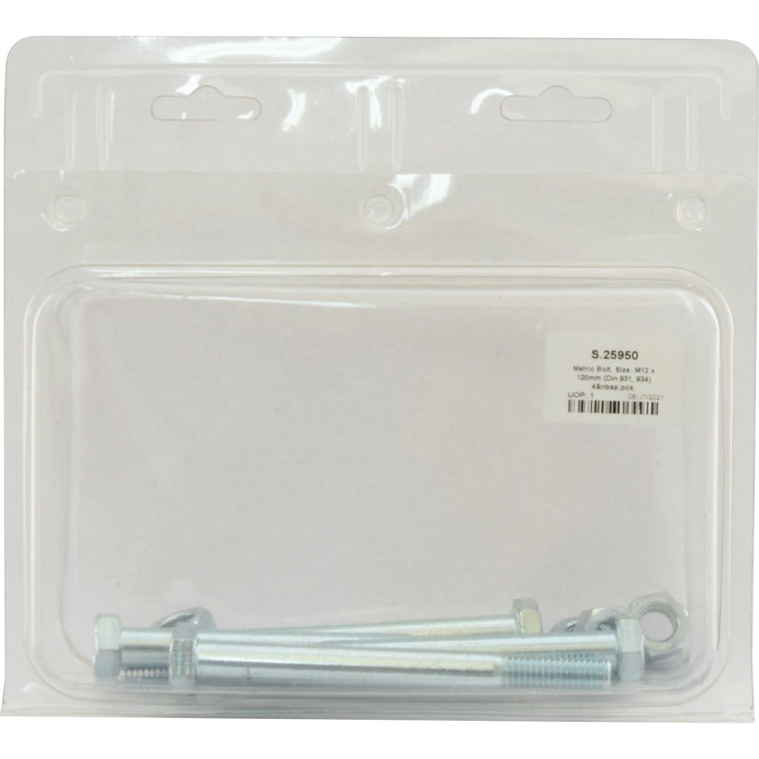 A package containing zinc-plated metric bolts, nuts, and standard screws. The label shows Sparex Part Number S.25950 with specifications and dimensions, including M12x120mm (DIN 931, DIN 934).