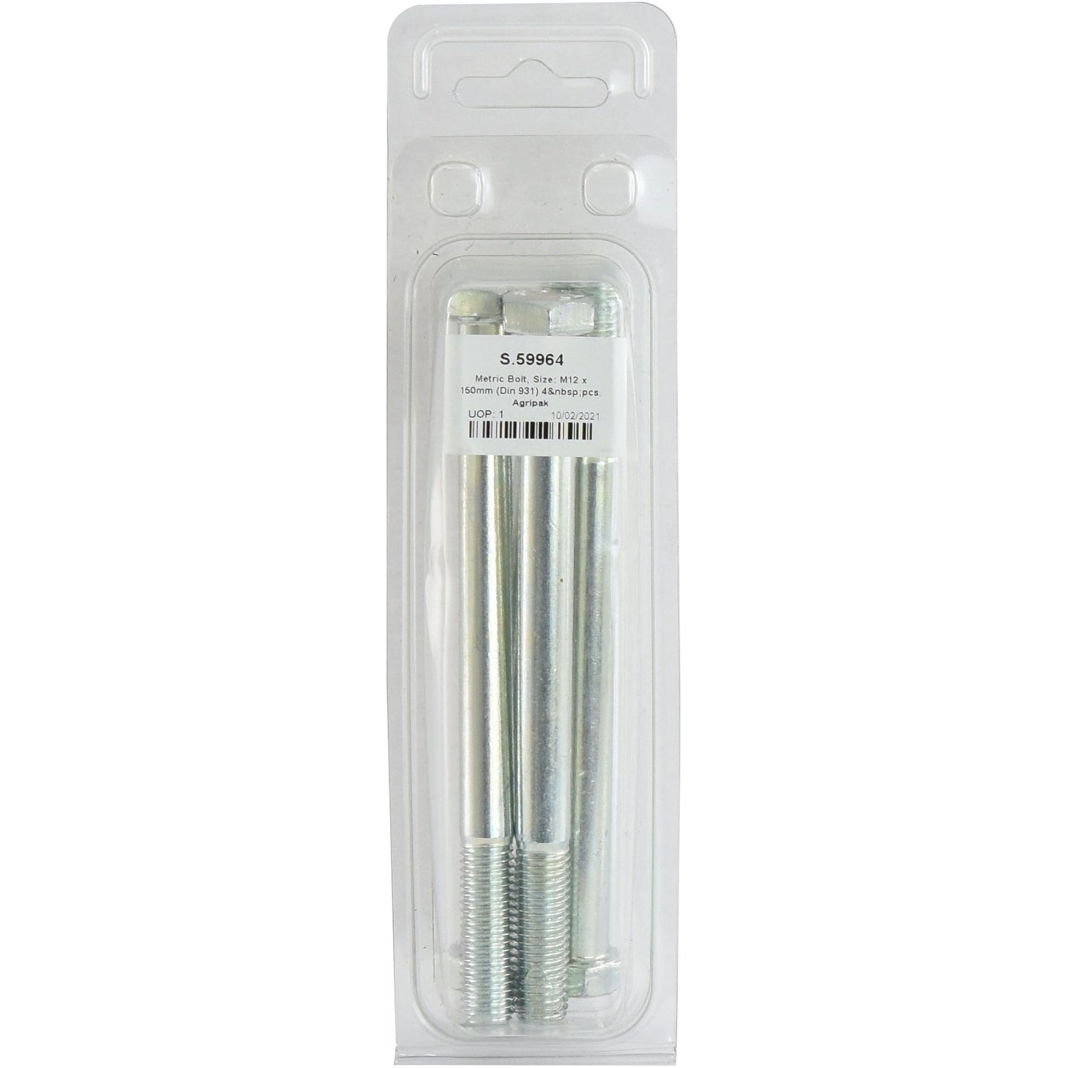 A transparent plastic package contains four zinc-plated metal bolts labeled S.59964, size M12 x 150mm, with a barcode and product details. Metric coarse threads ensure durability and strength.