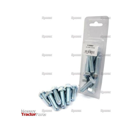 A pack of ten Sparex Metric Bolts, M12x40mm (DIN 931), is displayed with six bolts loose outside their plastic packaging and four bolts inside. The label on the packaging reads "S.59957," indicating the Sparex Part No. These Agripak bolts feature an 8.8 tensile strength rating against a plain white background.