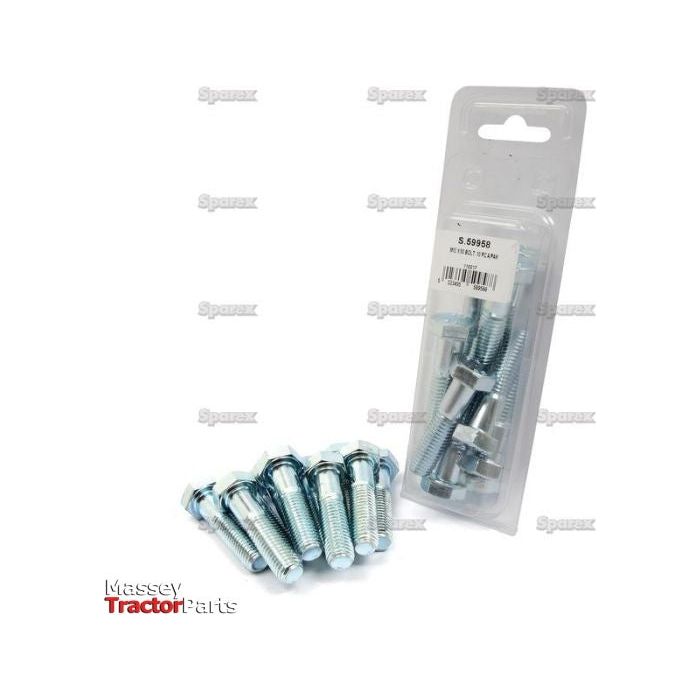 A package of Sparex Metric Bolts, M12x50mm (DIN 931), containing 10 zinc-plated metal bolts with 8.8 tensile strength, is displayed along with some loose bolts positioned in front. The Agripak packaging includes a barcode and product information, specifying that the bolts are metric coarse for easy identification.