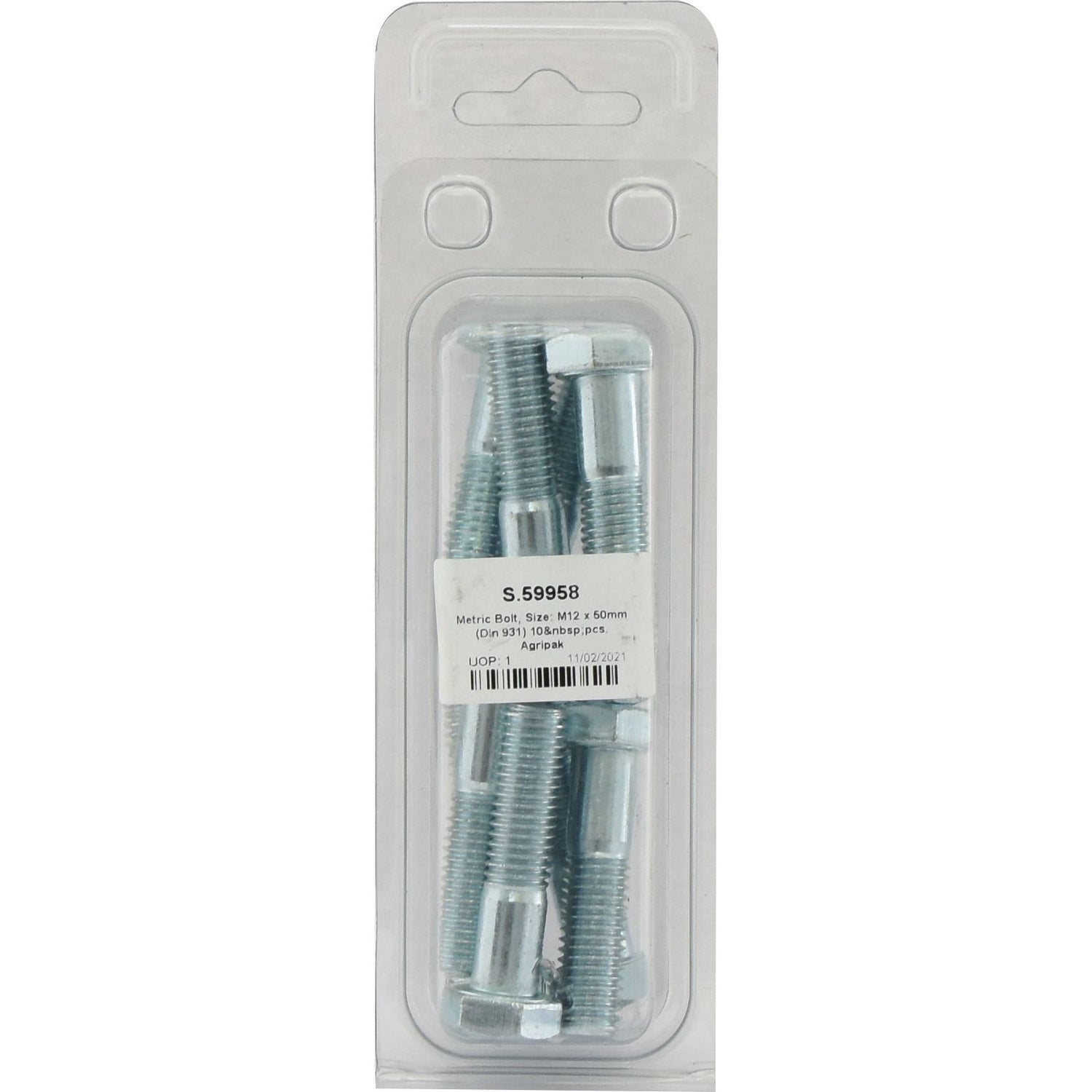 A sealed plastic package containing ten zinc-plated metallic bolts, labeled "Metric Bolt, M12x50mm (DIN 931). Agripak. Sparex Part No. S.59958." from the brand Sparex.