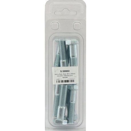 A package of ten zinc-plated hex bolts labeled "Metric Bolt, M12x50mm (DIN 931)" under Sparex Part No. S.59958 features metric coarse threading and high tensile strength rated at 8.8.