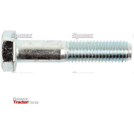The Metric Bolt M12x50mm (DIN 931), Sparex Part No. S.5775, is a silver hex bolt with threading on one half and a hexagonal head on the other, making it ideal for metric bolts applications. It features a zinc plated finish for added durability. The background includes logos for Sparex and Massey Tractor Parts.