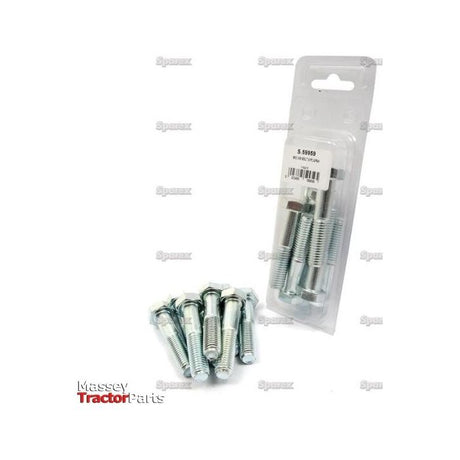 Description: The image displays a pack of eight Zinc Plated Metric Bolts (M12x60mm, DIN 931) with four bolts standing upright and four lying down. In the background, the packaging showcases the Sparex branding and product details for Sparex Part No. S.59959.