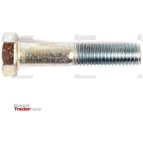 A zinc-plated metric bolt M12x60mm with a hexagonal head and threaded shaft is displayed against a plain white background. The words "Massey Tractor Parts" and "Sparex" can be faintly seen in the backdrop. This DIN 931 bolt, branded as Sparex Part No. S.54744, exudes durability and precision.