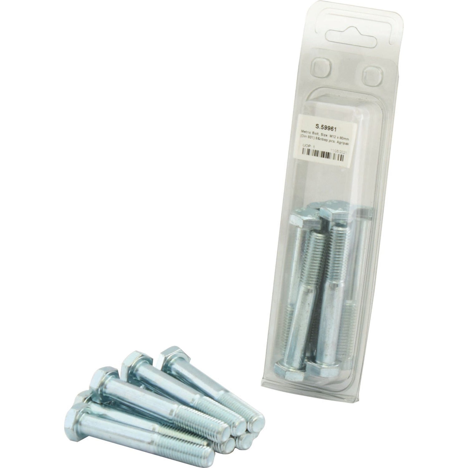 A package of Sparex Metric Bolts, M12x80mm (DIN 931), containing 8 bolts along with five additional bolts outside the package.