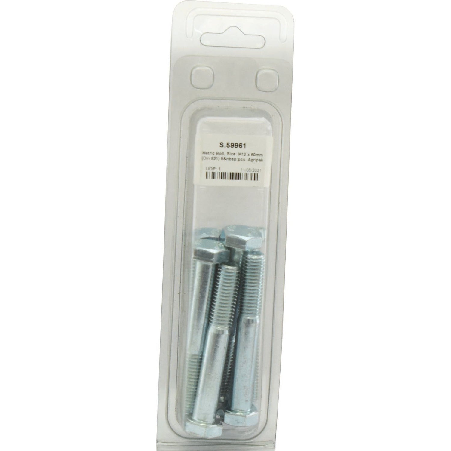 A pack of eight metric hex bolts in a clear plastic package with a white label marked "S.59961 M12 x 80mm," featuring zinc-plated bolts for durability from the Sparex brand.
