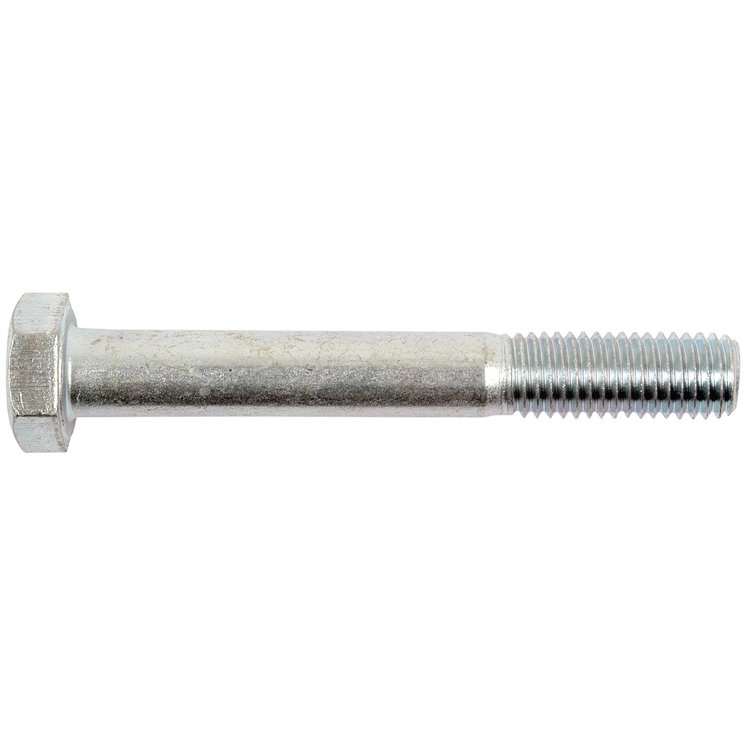 A close-up image of the Sparex Metric Bolt M12x90mm (DIN 931) | Sparex Part No.S.6954, showcasing its metallic threading on one end. The bolt, designed with a metric thread, has a straight body and a hexagonal head on the other end.