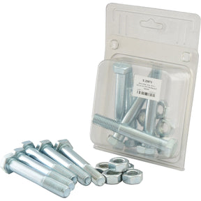 A package of Sparex Metric Bolt M14x100mm (DIN 931) (Agripak 5 pcs.) bolts and nuts, with several metric coarse bolts and nuts placed in front of the package.