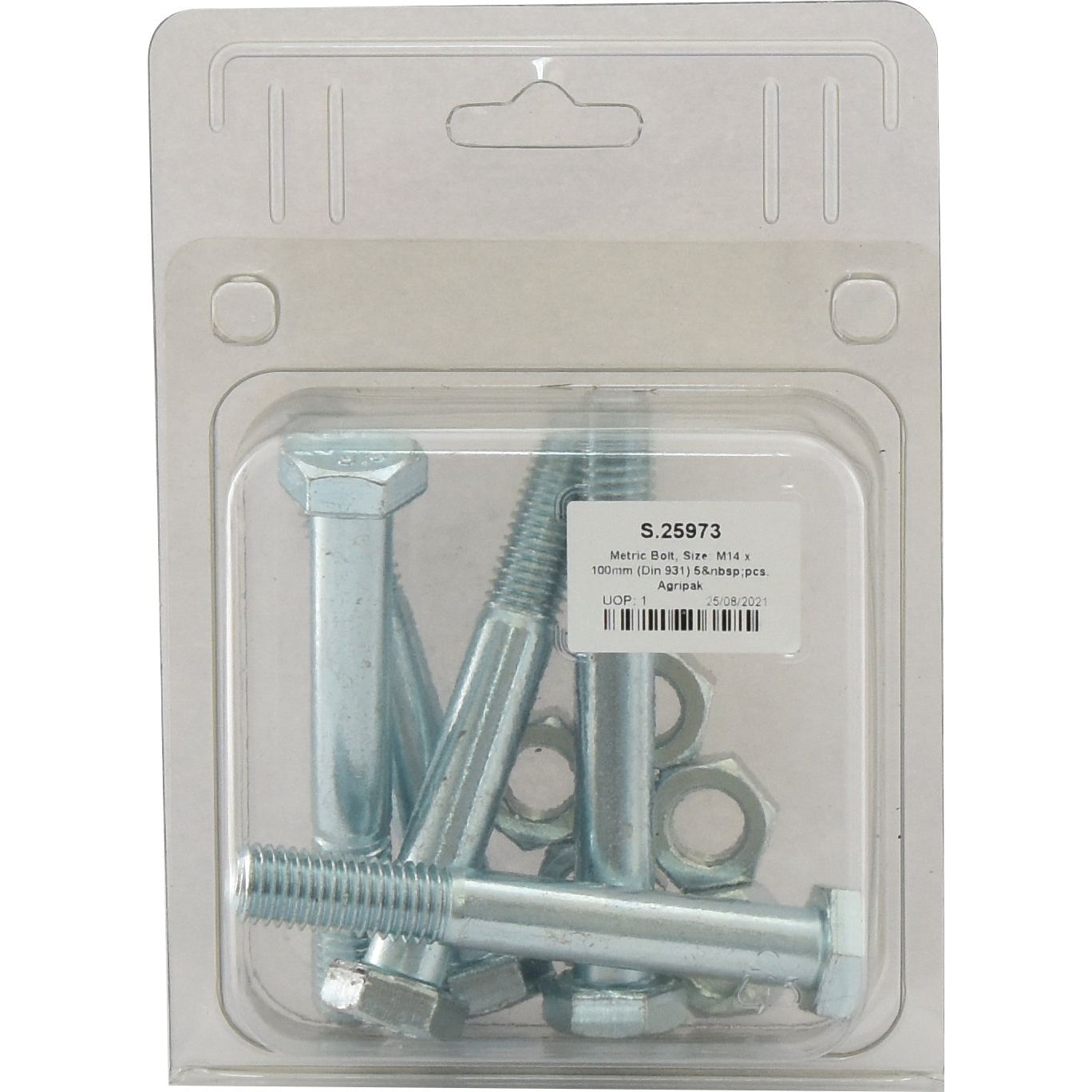 A sealed plastic package containing five metric coarse hex bolts (M14x100mm) and nuts from Sparex, known as Metric Bolt M14x100mm (DIN 931) (Agripak 5 pcs.) with the part number S.25973.