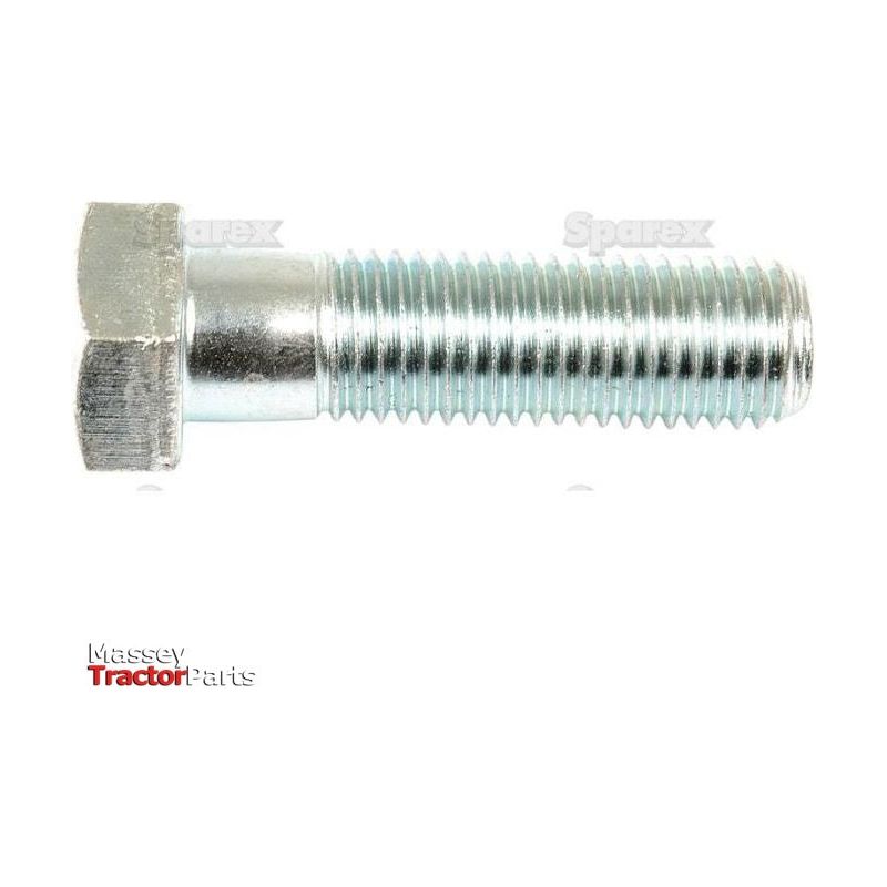 A Metric Bolt M16x55mm (DIN 931) with a metallic finish, likely for machinery use, is showcased on a white background. Zinc plated and Grade 8.8 for durability, this bolt features logos for Massey Tractor Parts and Sparex (Sparex Part No. S.6979).