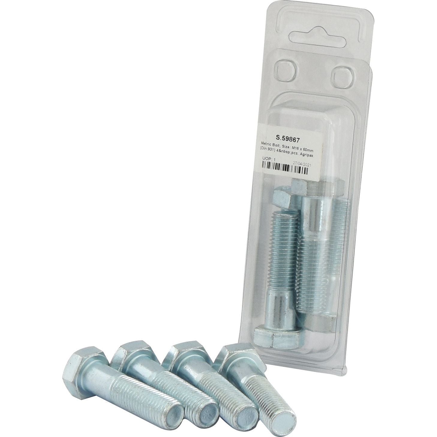 A pack of four zinc-plated hex bolts with nuts, all in plastic packaging labeled with product specifications. Four additional Metric Bolt, M16x60mm (DIN 931) from Sparex (Part No. S.59867) are positioned in front of the package.