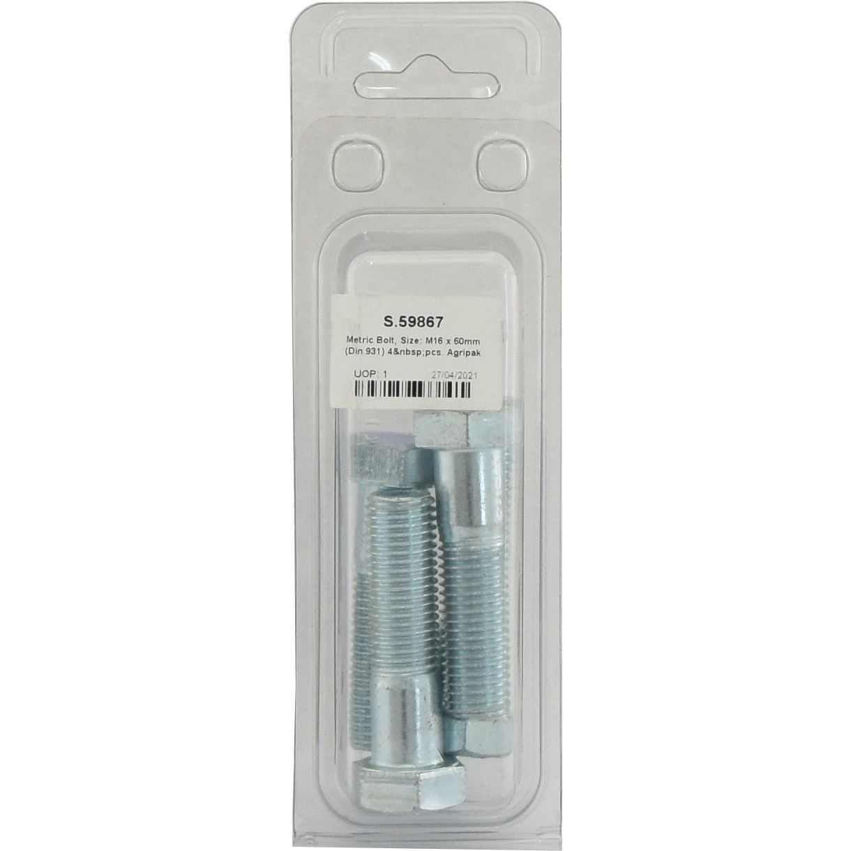 A packaged set of four metric coarse metal bolts labeled "Metric Bolt, M16x60mm (DIN 931) 4 pcs. Agripak," zinc-plated for durability, in a clear plastic casing with a white Sparex product label identified as Sparex Part No.S.59867.