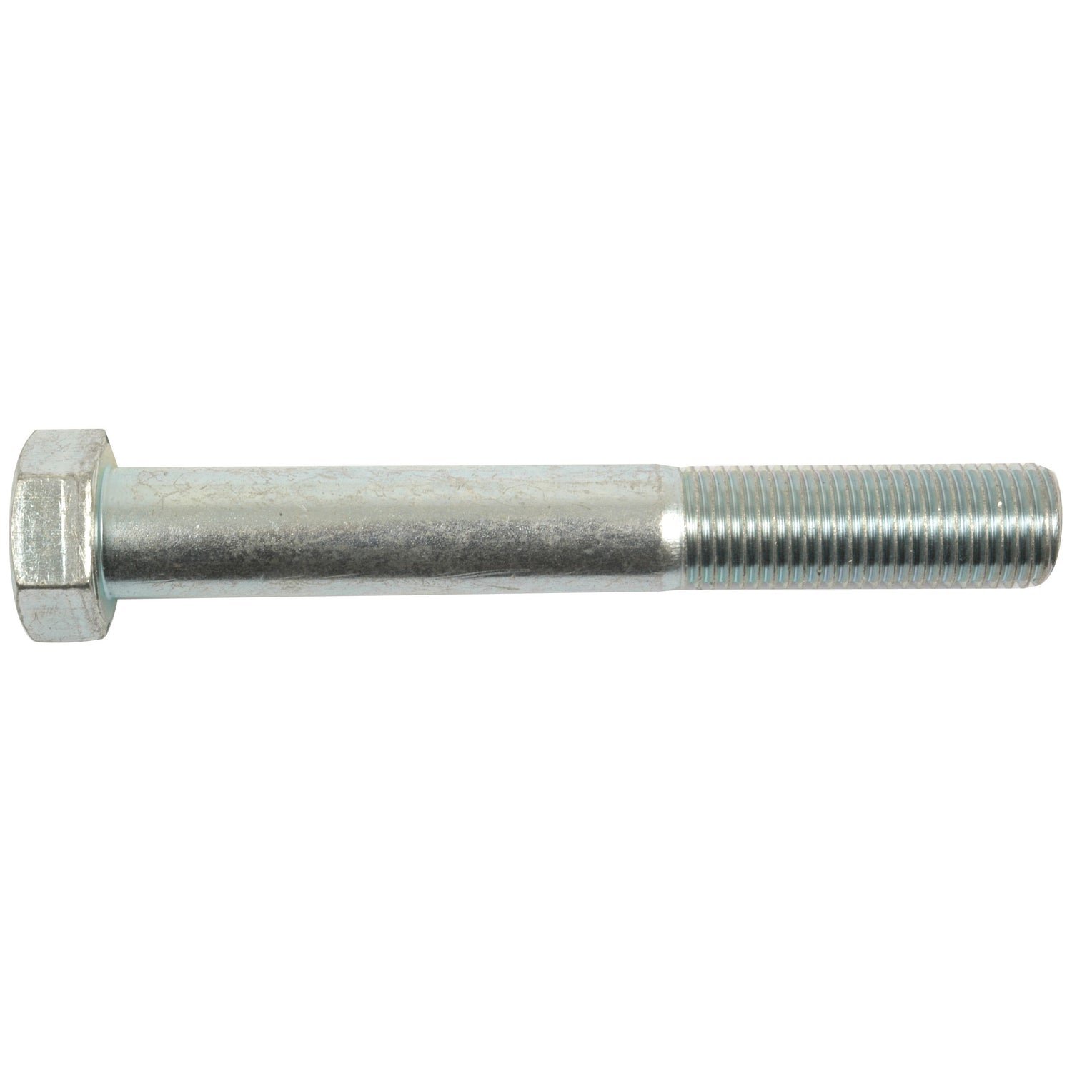 A shiny zinc-plated Metric Bolt M22x160mm (DIN 931), Sparex Part No. S.53749, featuring a threaded end and a hexagonal head, lies horizontally against a white background.