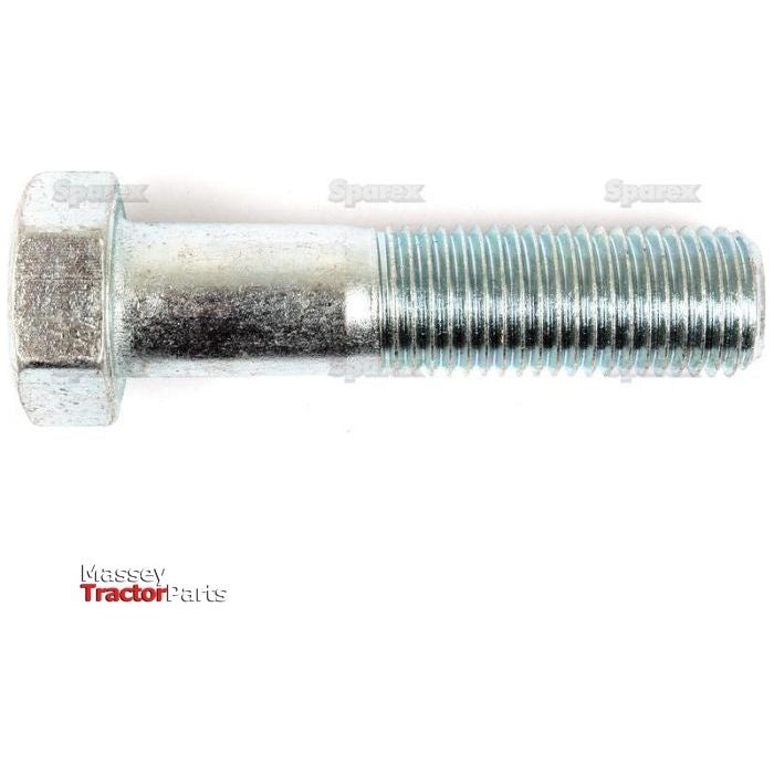 A hexagonal head bolt with a partially threaded shaft is observed, identifiable as a Metric Bolt M22x90mm (DIN 931) bearing the Sparex Part No. S.53745. The words "Sparex" and "Massey Tractor Parts" are visible in the background, confirming its compatibility with DIN 931 standards as a zinc-plated, metric bolt.