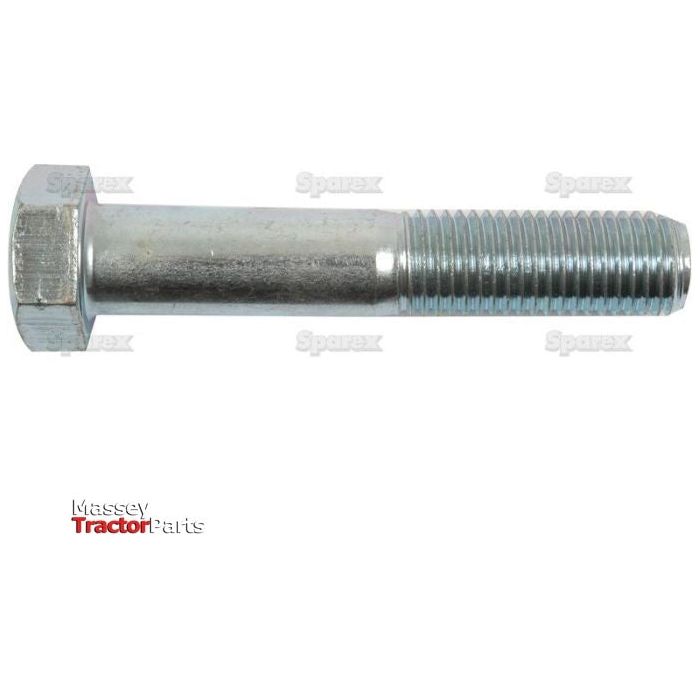 A Metric Bolt M24x130mm, made of metal with a threaded end and zinc plating, lies against a white background. The watermarked text "Sparex" is visible in the image. In the bottom left corner, red and black text reads "Massey Tractor Parts," indicating that it complies with DIN 931 standards. This product is identified by Sparex Part No.S.51641.