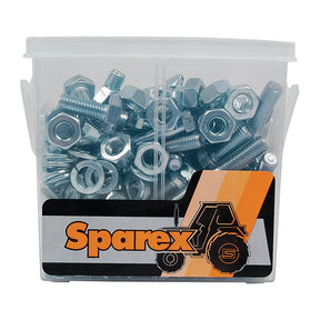 A clear plastic container filled with various zinc-plated bolts and nuts, labeled "Sparex" with an orange and black design as "Metric Bolt, M6 - 10x25 - 75mm (DIN 931) 100 pcs. Small Bucket | Sparex Part No.S.14734.