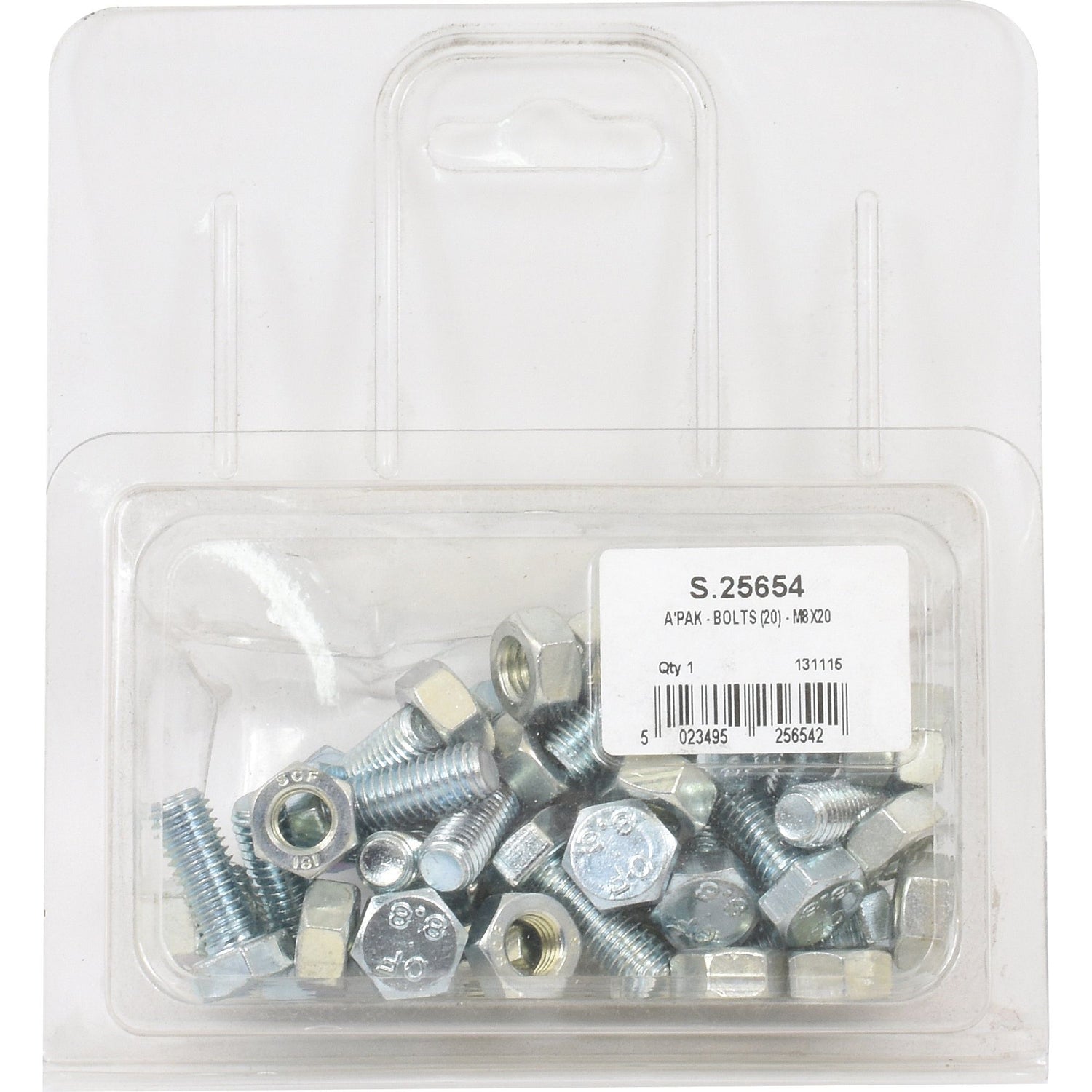 A plastic package labeled "S.25654" with a barcode contains 20 pieces of M8x20mm Metric Fine Bolts and corresponding nuts, compliant with DIN 960 and DIN 934 standards, offered by the brand Sparex.