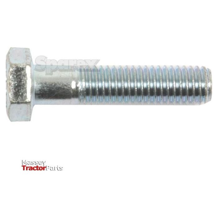 Image of a metallic Metric Bolt M8x35mm (DIN 931) with a threaded shaft, zinc plated, labeled with the "Sparex" watermark. The Massey TractorParts logo is visible in the bottom left corner.