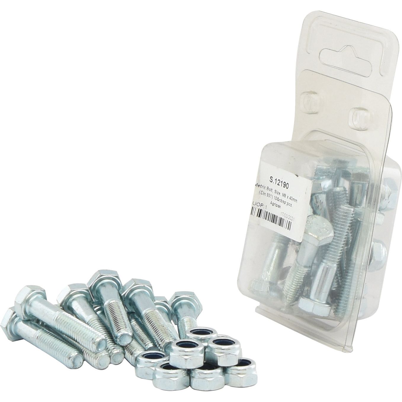 A group of Metric Bolts and nuts lies on a white surface beside a transparent plastic packaging containing 10 pcs of Sparex M8x40mm (DIN 931) Metric Bolts, Agripak | Sparex Part No.S.12190.