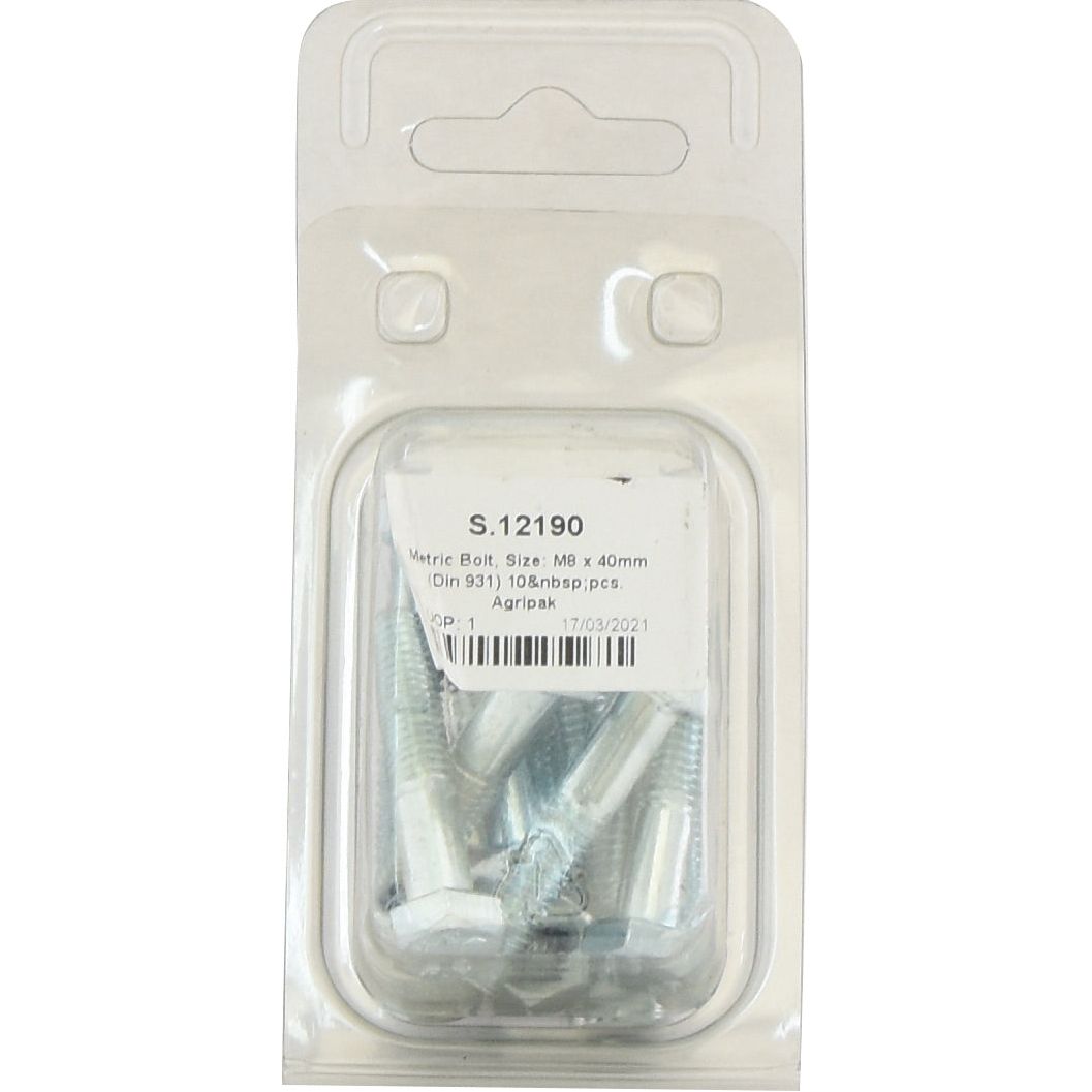 Metric Bolt, Size: M8 x 40mm (Din 931) 10 pcs. Agripak
 - S.12190 - Farming Parts
