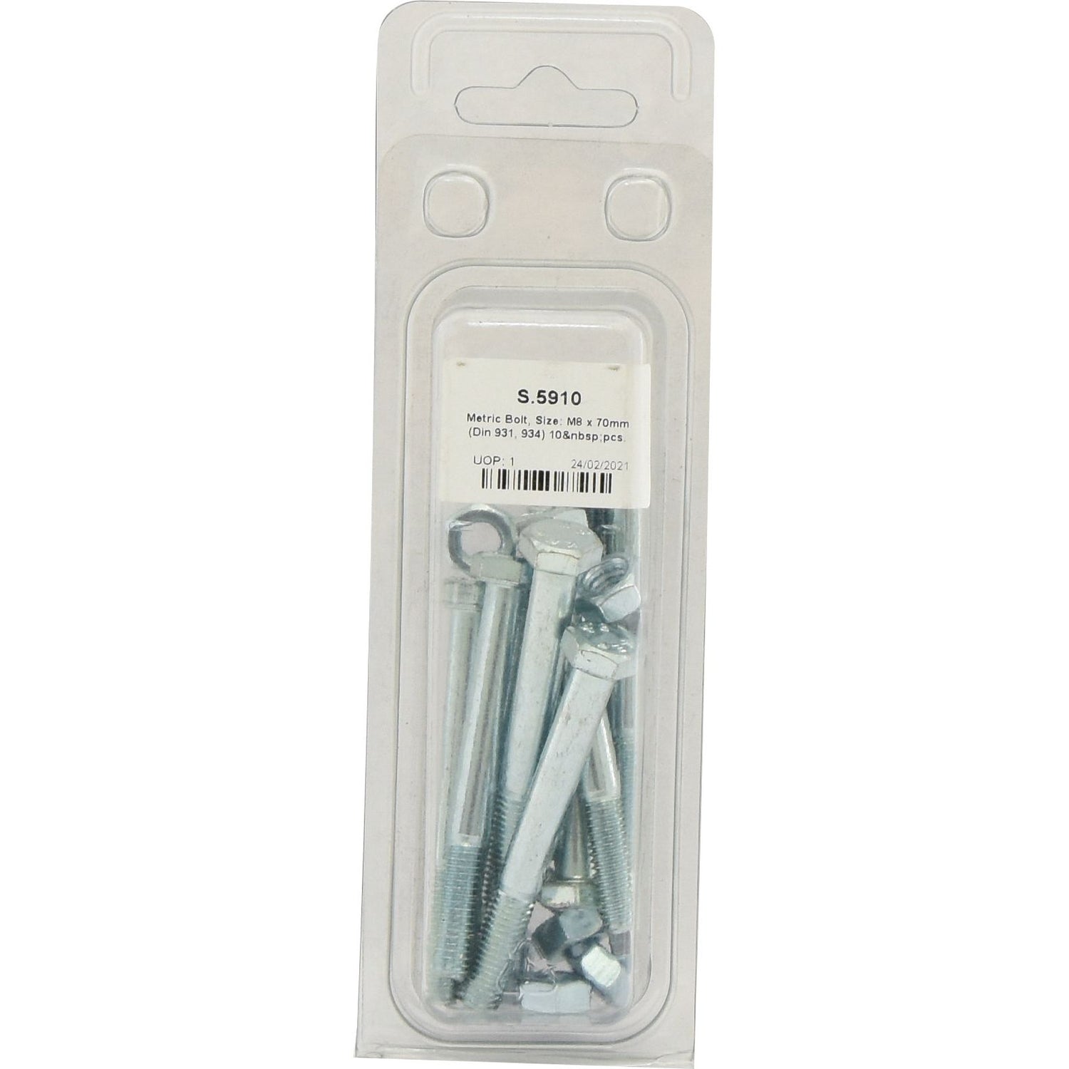 A clear plastic package labeled "Metric Bolt, M8x70mm (DIN 931, DIN 934) 10 pcs. Agripak | Sparex Part No.S.5910" from the Sparex brand contains several zinc-plated metal bolts with hexagonal heads and nuts.
