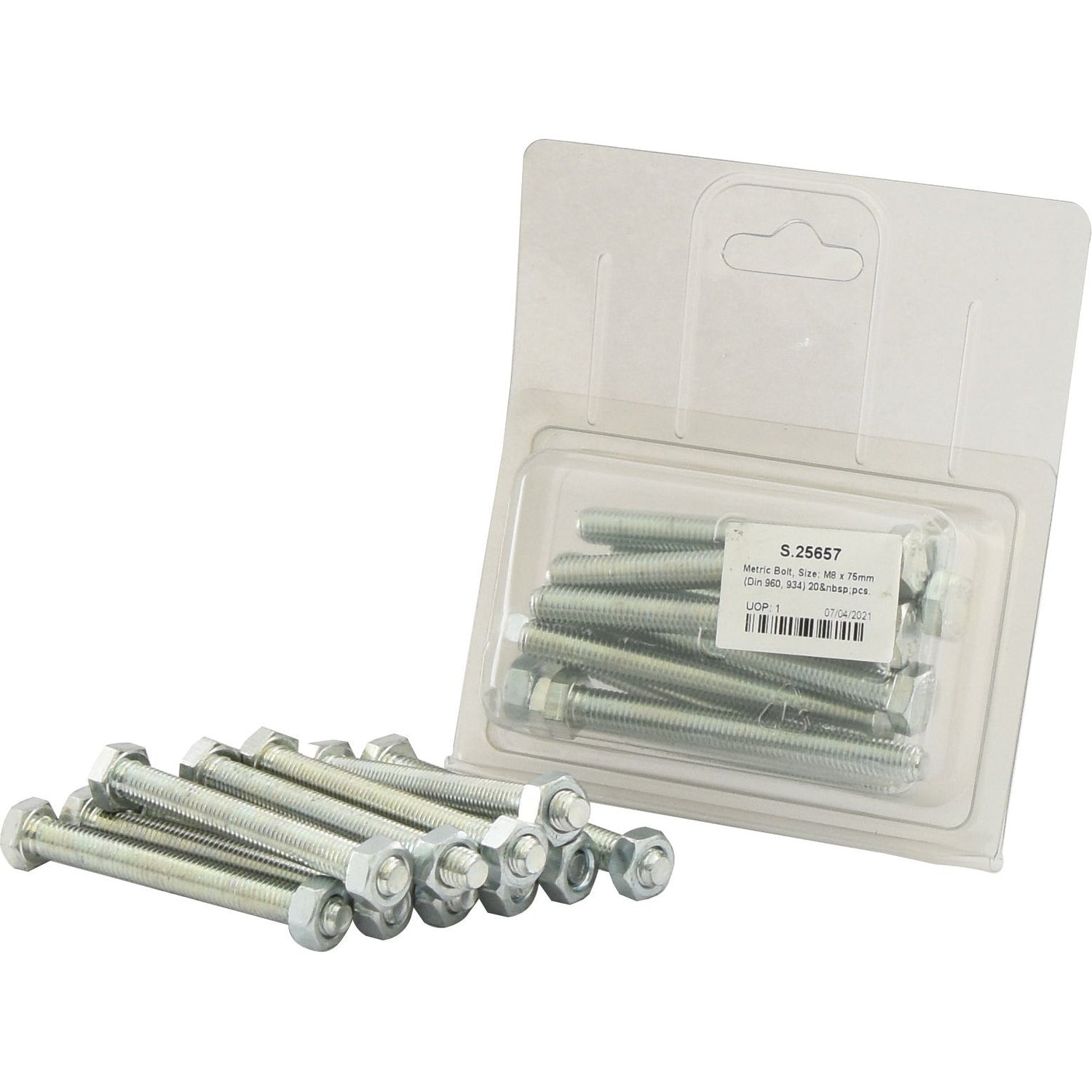 A clear Agripak plastic package from Sparex containing 20 M8 x 75mm metric bolts (DIN 960, DIN 934), with additional zinc-plated metal fine bolts scattered in front of the package.