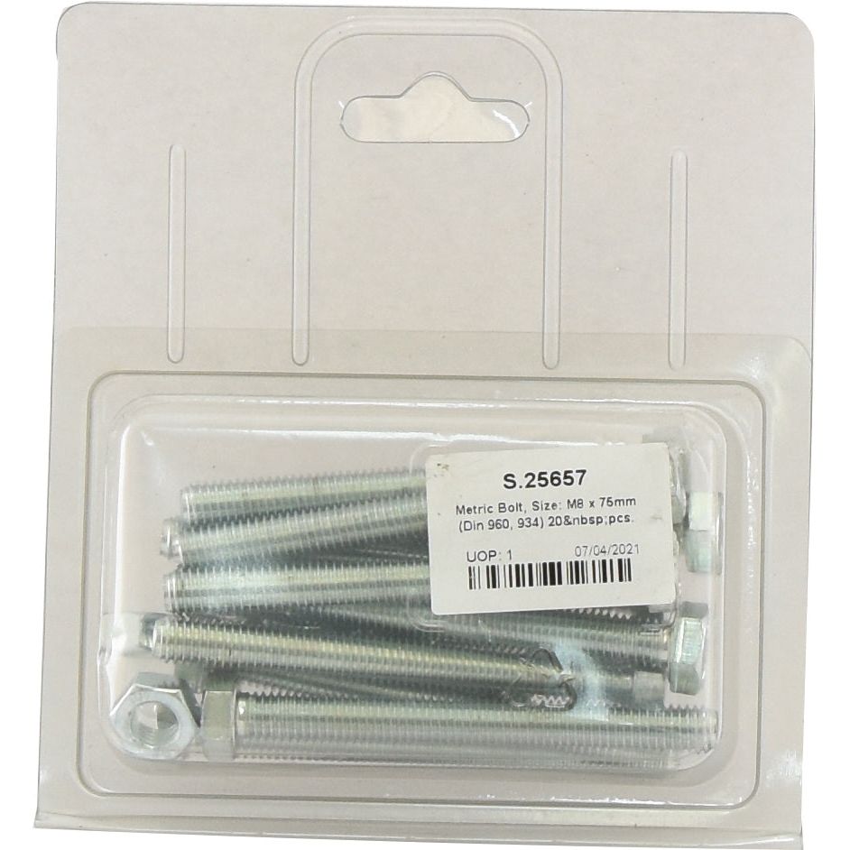 A Sparex Agripak containing 20 metric fine bolts, size M8 x 75mm, labeled with product number "S.25657" and marked “DIN 960, DIN 934,” is packaged in a plastic container with a top hole for hanging and dated 07.04.2021. The zinc-plated bolts are neatly organized inside the packaging.