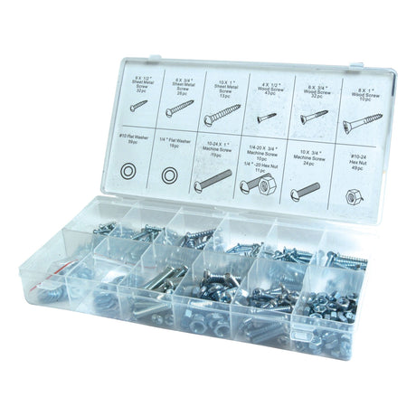 Introducing the Sparex Metric Bolt and Setscrew Assortment! This 347-piece set (Sparex Part No. S.29887) comes neatly organized in a plastic box with separate compartments for various screws, washers, and nuts, along with a reference guide printed inside the lid for easy identification.