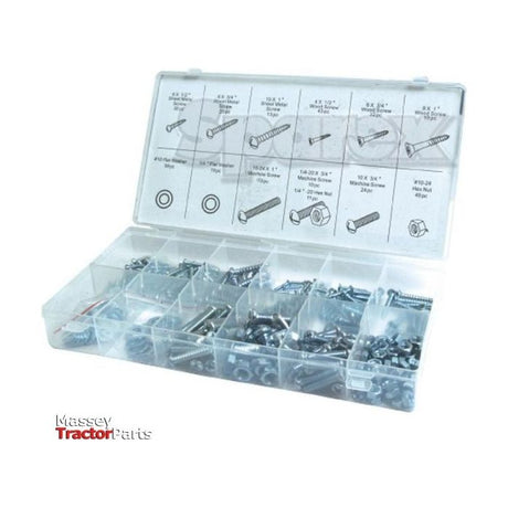 The Sparex Metric Bolt and Setscrew Assortment (DIN or Standard No. 347 pcs. Compak, Part No. S.29887) is a plastic organizer box containing 347 assorted screws, nuts, washers, and metric bolts, with a chart on the lid indicating the size and type of each item.