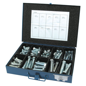The Sparex Metric Bolt and Setscrew Assortment (DIN 931/933) Metalpak (92 pcs) is a metal case organized with various bolts in labeled compartments, featuring a detailed Metric Bolt Assortment chart on the inside lid specifying sizes and DIN 931/933 specifications.