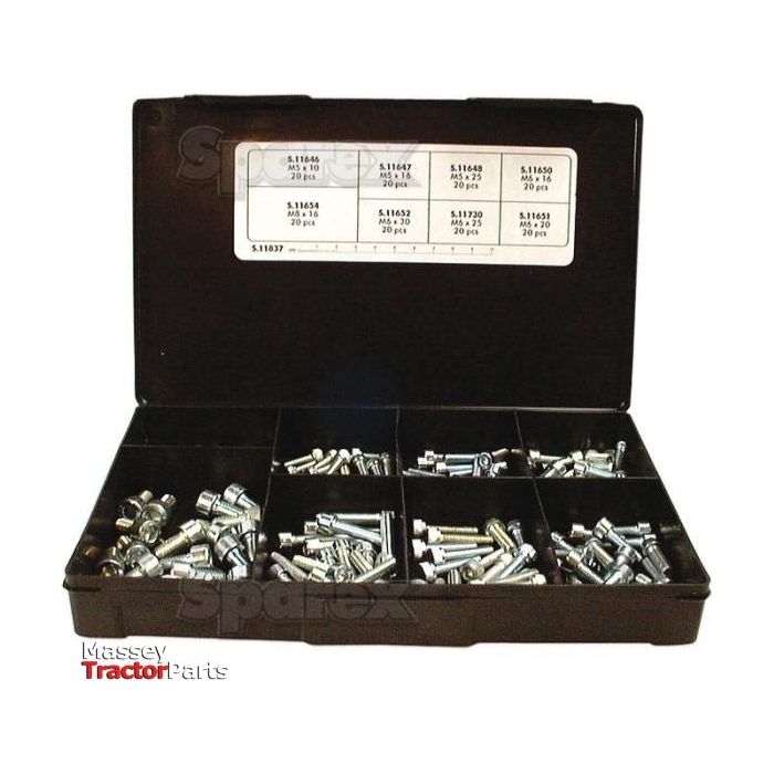 A plastic organizer box with multiple compartments, each containing various small metal bolts and hardware. A label on the inside of the lid lists part numbers and quantities, including Sparex Metric Cap Head Socket Screws DIN 912 in sizes M5 - M8 (Sparex Part No. S.11837).