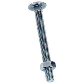 The Sparex Metric Carriage Bolt and Nut, M10x120mm (DIN 601/934) | Sparex Part No. S.8280, is a zinc-plated steel threaded bolt with a flat, rounded head, and comes with an accompanying hex nut.