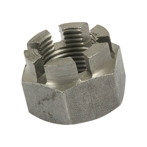 The Sparex Metric Castle Nut, M24x1.50mm (DIN 935) Metric Fine (Part No.S.53860), features slots on the top and standard internal threading, providing secure fastening. Made from durable zinc-plated metal, this castellated nut ensures corrosion resistance.